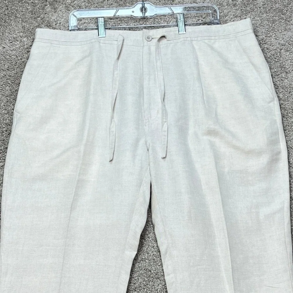 Cubavera Linen Pants Mens XL Beige Drawstring Straight Leg Elastic Waist Flat